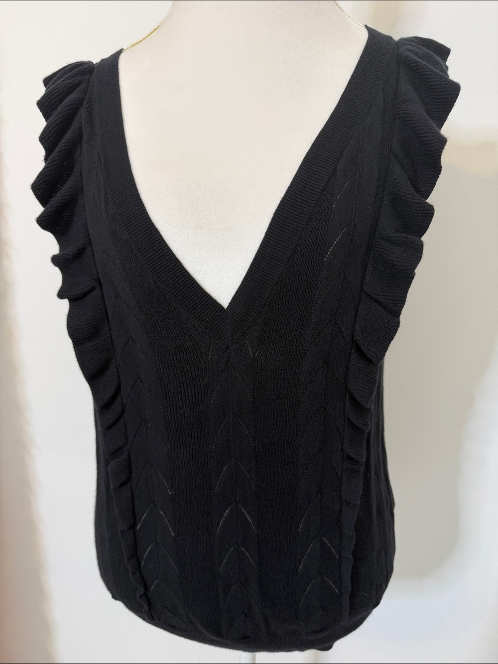 NWT, PAIGE Black Ruffle-Trim V-Neck Sweater Vest